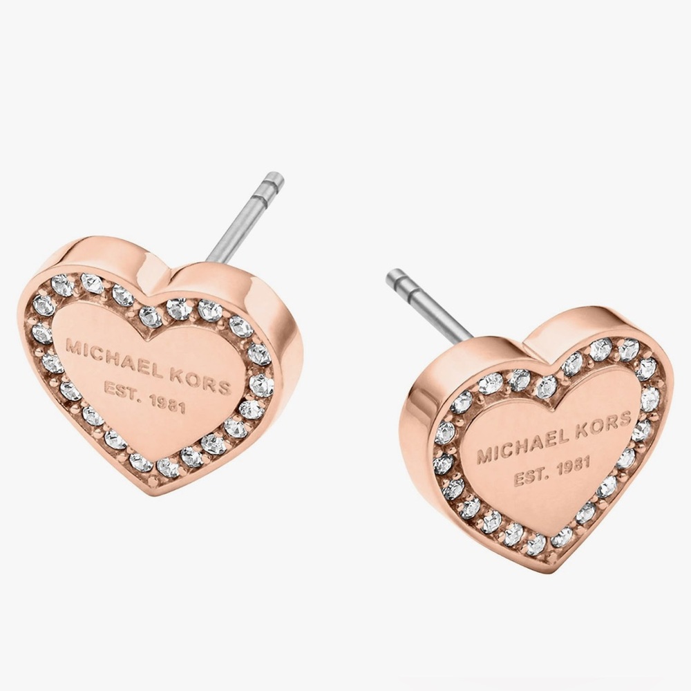 Michael Kors Rose Gold Heart Earrings with Crystals